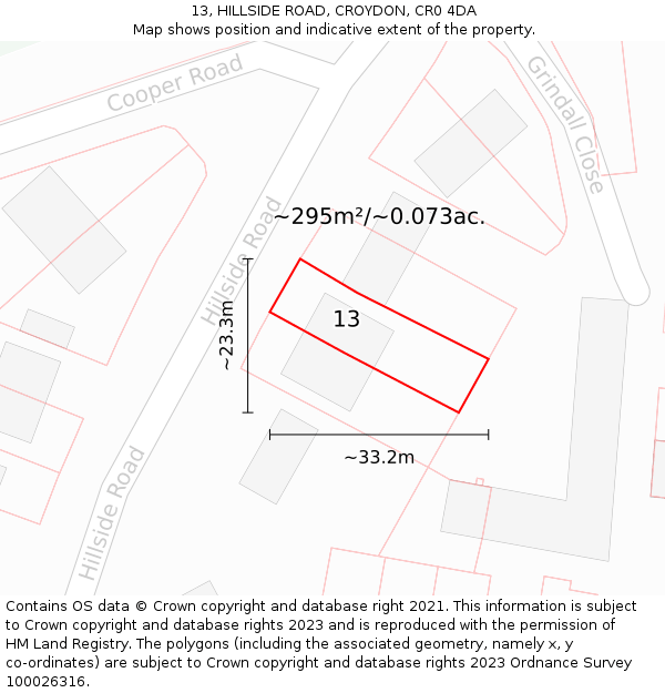 13, HILLSIDE ROAD, CROYDON, CR0 4DA: Plot and title map