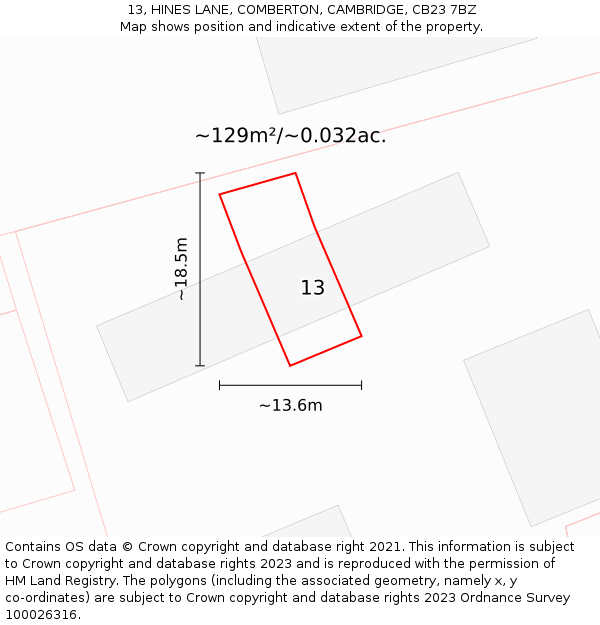 13, HINES LANE, COMBERTON, CAMBRIDGE, CB23 7BZ: Plot and title map