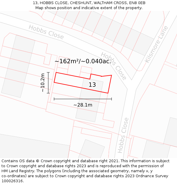 13, HOBBS CLOSE, CHESHUNT, WALTHAM CROSS, EN8 0EB: Plot and title map