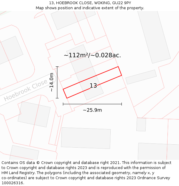 13, HOEBROOK CLOSE, WOKING, GU22 9PY: Plot and title map