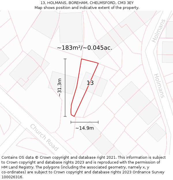 13, HOLMANS, BOREHAM, CHELMSFORD, CM3 3EY: Plot and title map
