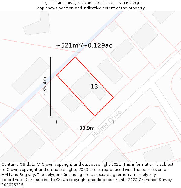 13, HOLME DRIVE, SUDBROOKE, LINCOLN, LN2 2QL: Plot and title map