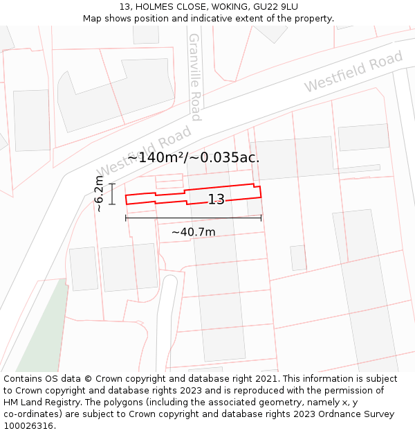 13, HOLMES CLOSE, WOKING, GU22 9LU: Plot and title map