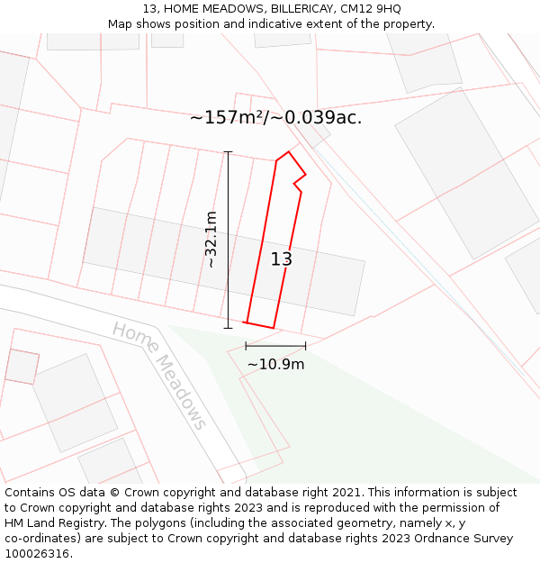 13, HOME MEADOWS, BILLERICAY, CM12 9HQ: Plot and title map