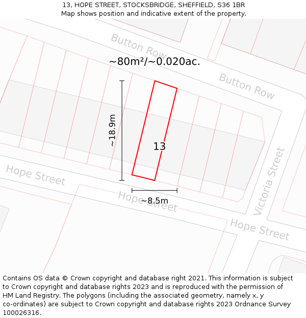13, HOPE STREET, STOCKSBRIDGE, SHEFFIELD, S36 1BR: Plot and title map