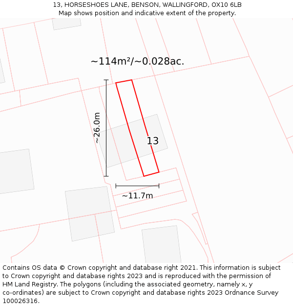 13, HORSESHOES LANE, BENSON, WALLINGFORD, OX10 6LB: Plot and title map
