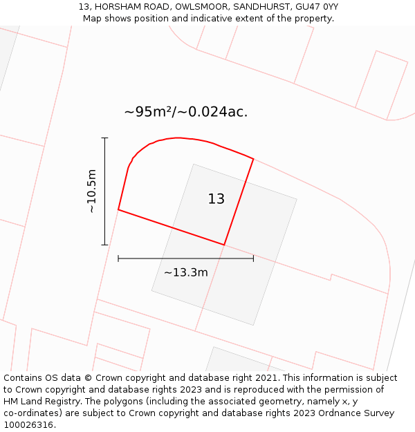 13, HORSHAM ROAD, OWLSMOOR, SANDHURST, GU47 0YY: Plot and title map