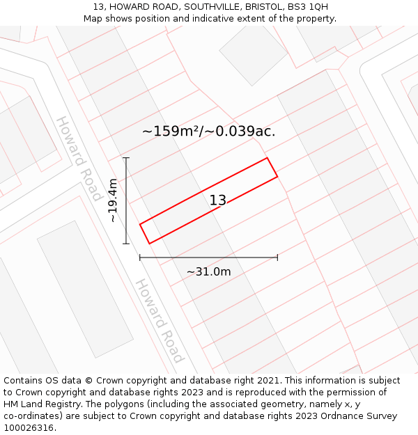 13, HOWARD ROAD, SOUTHVILLE, BRISTOL, BS3 1QH: Plot and title map