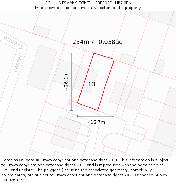 13, HUNTSMANS DRIVE, HEREFORD, HR4 0PN: Plot and title map