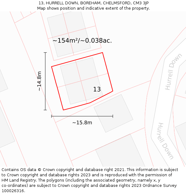 13, HURRELL DOWN, BOREHAM, CHELMSFORD, CM3 3JP: Plot and title map