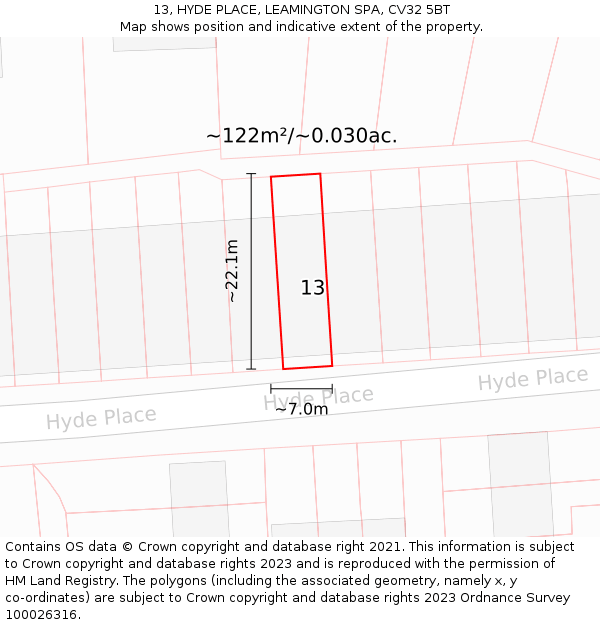 13, HYDE PLACE, LEAMINGTON SPA, CV32 5BT: Plot and title map