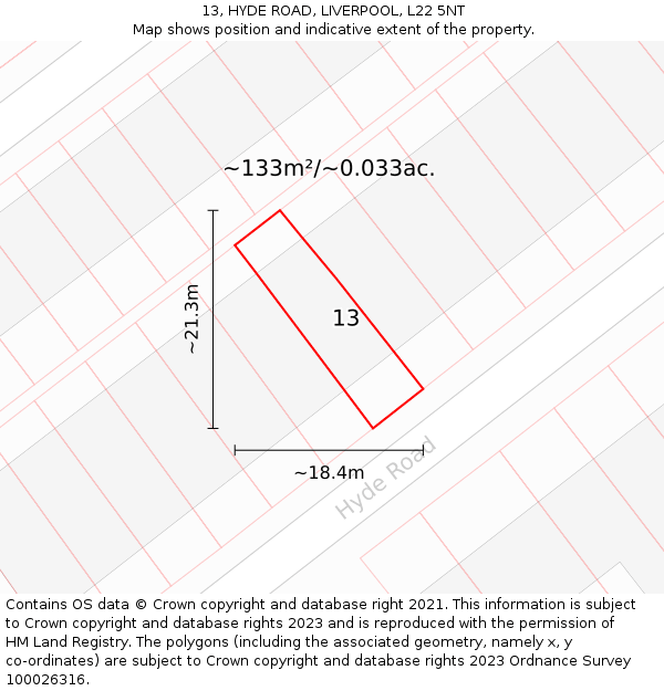 13, HYDE ROAD, LIVERPOOL, L22 5NT: Plot and title map
