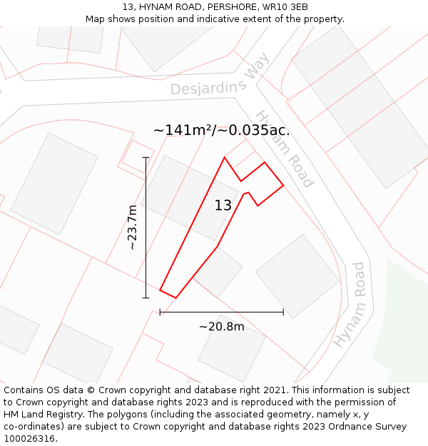 13, HYNAM ROAD, PERSHORE, WR10 3EB: Plot and title map
