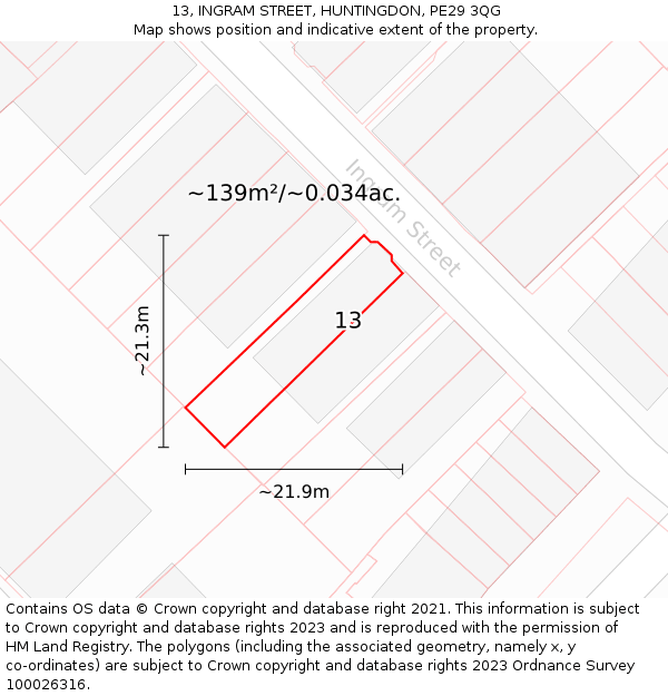 13, INGRAM STREET, HUNTINGDON, PE29 3QG: Plot and title map