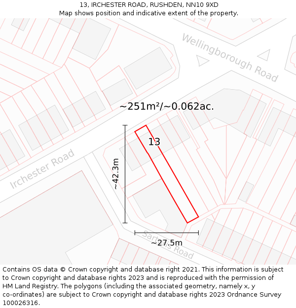 13, IRCHESTER ROAD, RUSHDEN, NN10 9XD: Plot and title map