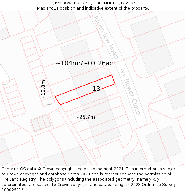 13, IVY BOWER CLOSE, GREENHITHE, DA9 9NF: Plot and title map