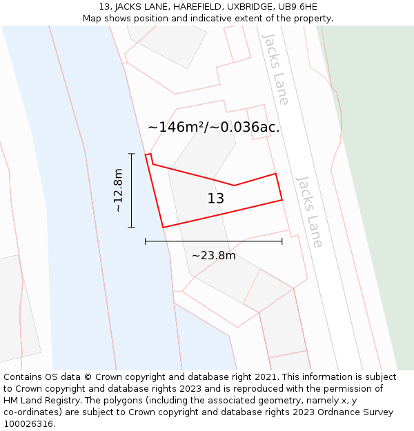 13, JACKS LANE, HAREFIELD, UXBRIDGE, UB9 6HE: Plot and title map