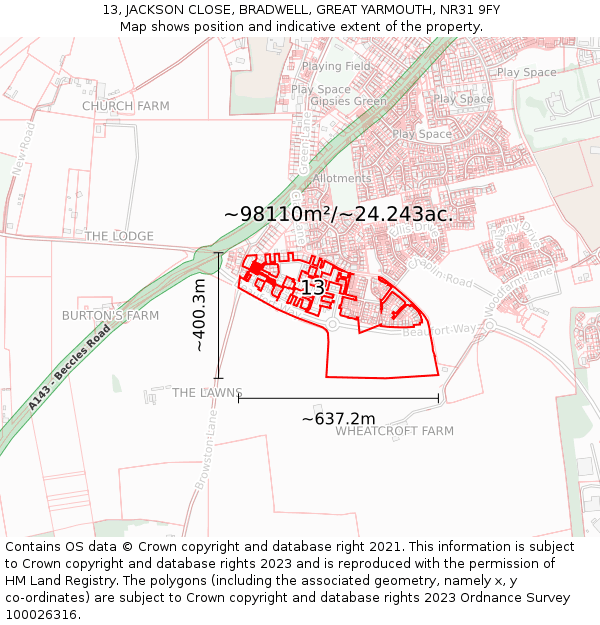 13, JACKSON CLOSE, BRADWELL, GREAT YARMOUTH, NR31 9FY: Plot and title map