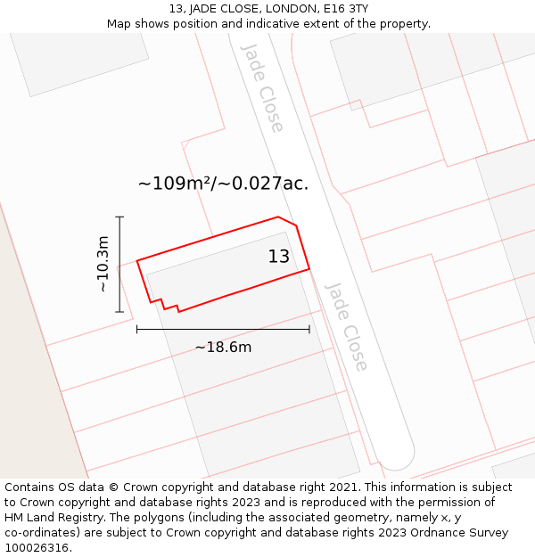 13, JADE CLOSE, LONDON, E16 3TY: Plot and title map