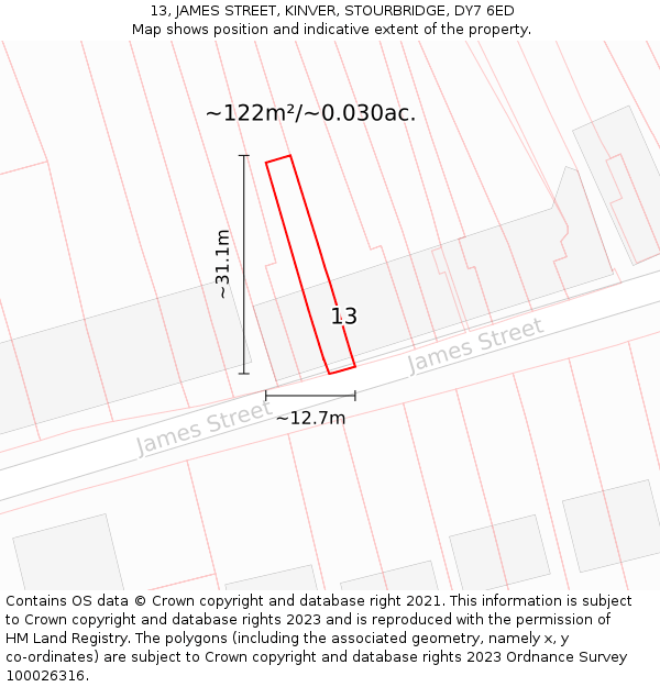 13, JAMES STREET, KINVER, STOURBRIDGE, DY7 6ED: Plot and title map