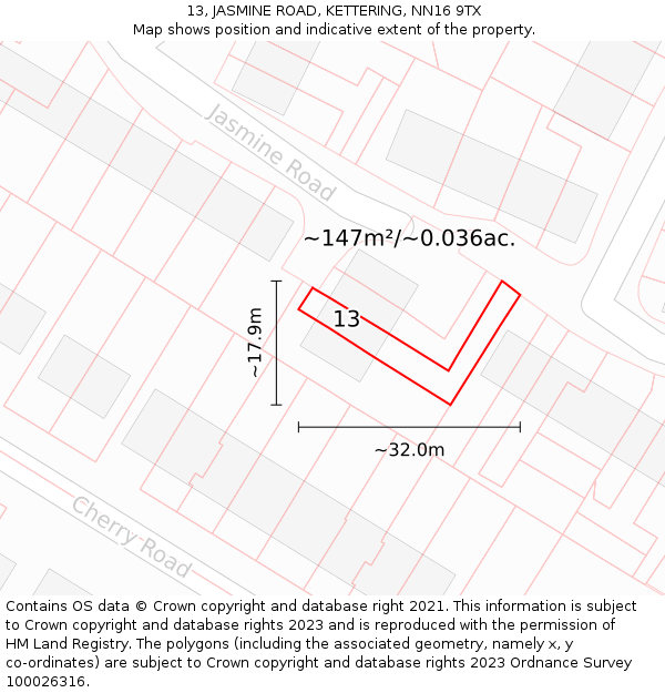 13, JASMINE ROAD, KETTERING, NN16 9TX: Plot and title map