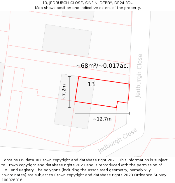 13, JEDBURGH CLOSE, SINFIN, DERBY, DE24 3DU: Plot and title map