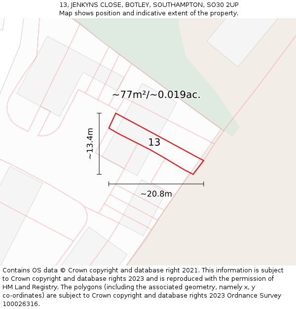 13, JENKYNS CLOSE, BOTLEY, SOUTHAMPTON, SO30 2UP: Plot and title map