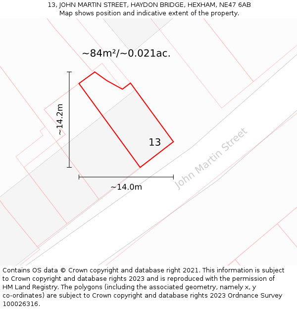 13, JOHN MARTIN STREET, HAYDON BRIDGE, HEXHAM, NE47 6AB: Plot and title map