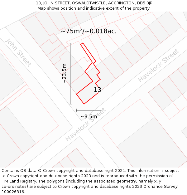 13, JOHN STREET, OSWALDTWISTLE, ACCRINGTON, BB5 3JP: Plot and title map