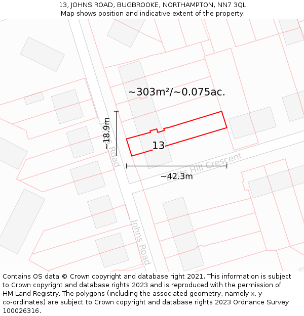 13, JOHNS ROAD, BUGBROOKE, NORTHAMPTON, NN7 3QL: Plot and title map