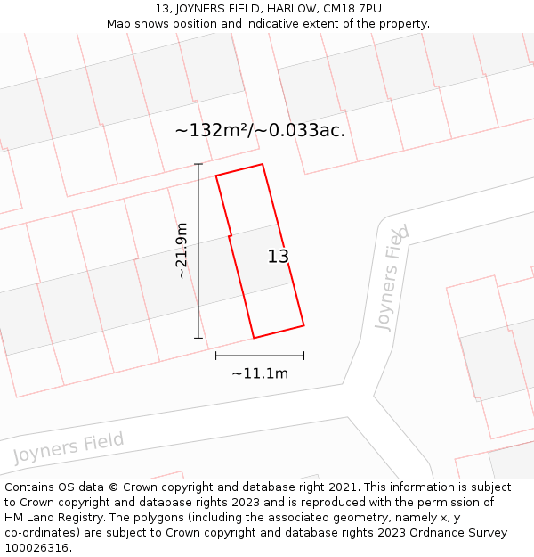 13, JOYNERS FIELD, HARLOW, CM18 7PU: Plot and title map