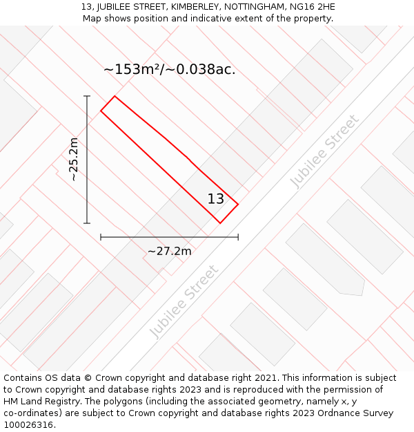 13, JUBILEE STREET, KIMBERLEY, NOTTINGHAM, NG16 2HE: Plot and title map
