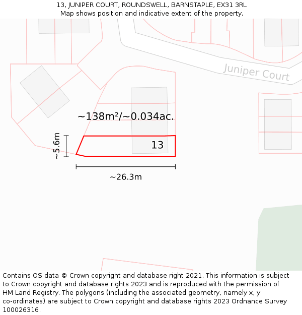 13, JUNIPER COURT, ROUNDSWELL, BARNSTAPLE, EX31 3RL: Plot and title map