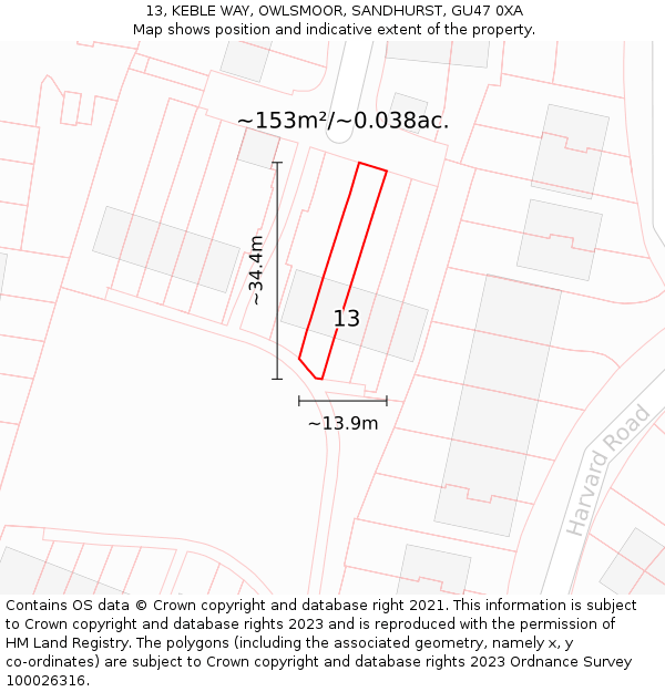 13, KEBLE WAY, OWLSMOOR, SANDHURST, GU47 0XA: Plot and title map