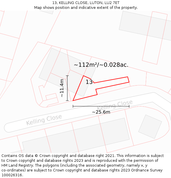 13, KELLING CLOSE, LUTON, LU2 7ET: Plot and title map