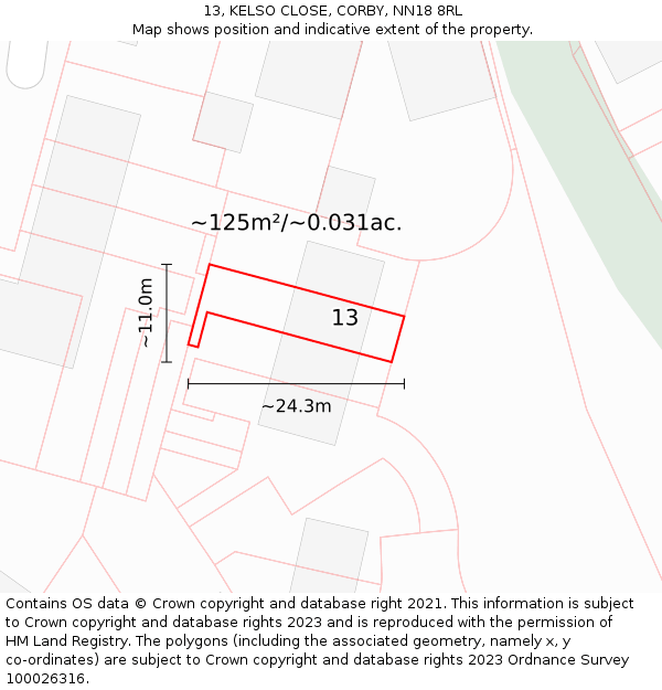 13, KELSO CLOSE, CORBY, NN18 8RL: Plot and title map