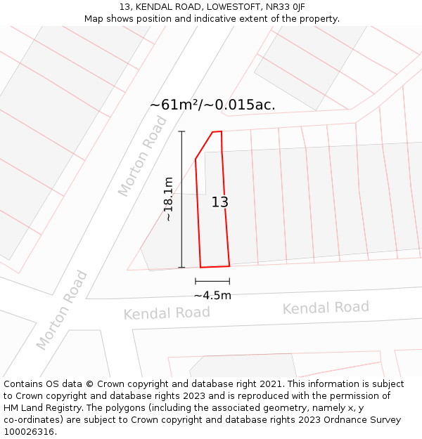13, KENDAL ROAD, LOWESTOFT, NR33 0JF: Plot and title map