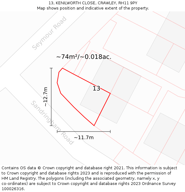 13, KENILWORTH CLOSE, CRAWLEY, RH11 9PY: Plot and title map