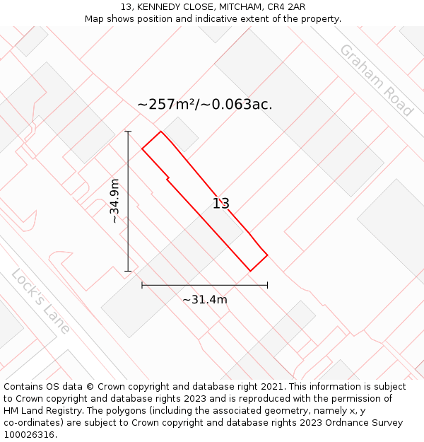 13, KENNEDY CLOSE, MITCHAM, CR4 2AR: Plot and title map