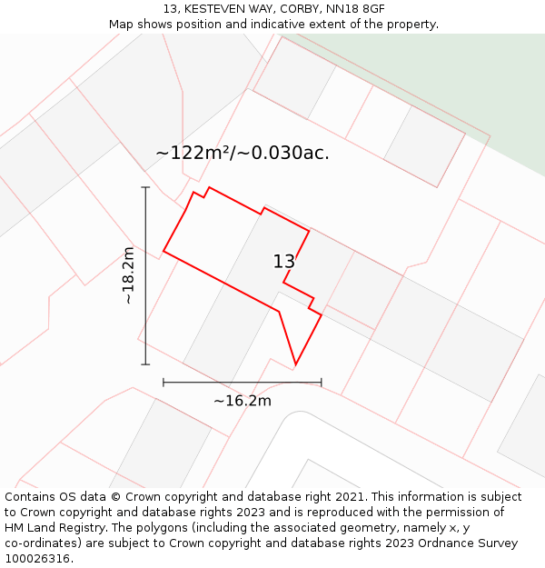 13, KESTEVEN WAY, CORBY, NN18 8GF: Plot and title map