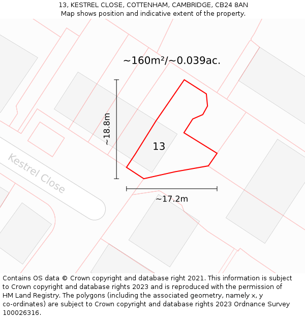 13, KESTREL CLOSE, COTTENHAM, CAMBRIDGE, CB24 8AN: Plot and title map
