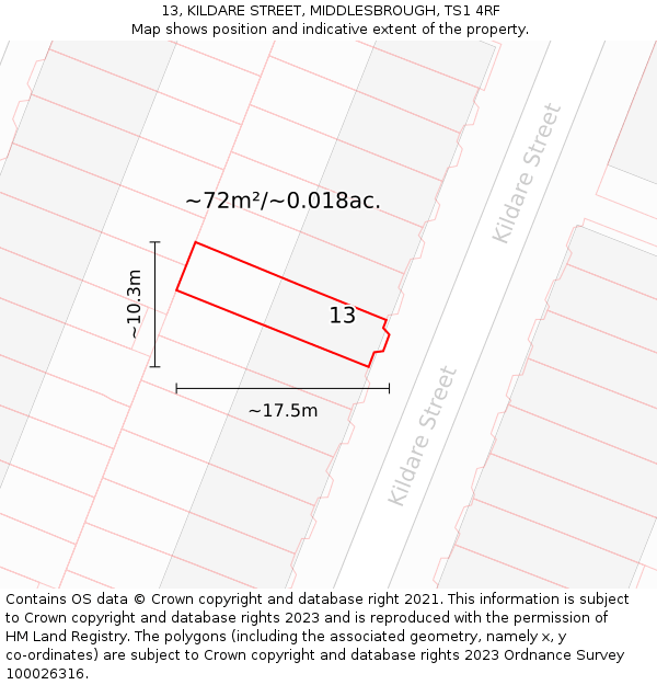 13, KILDARE STREET, MIDDLESBROUGH, TS1 4RF: Plot and title map