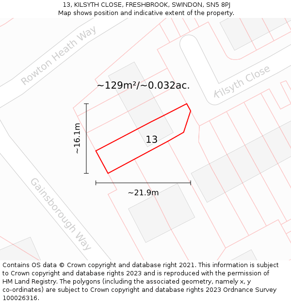13, KILSYTH CLOSE, FRESHBROOK, SWINDON, SN5 8PJ: Plot and title map