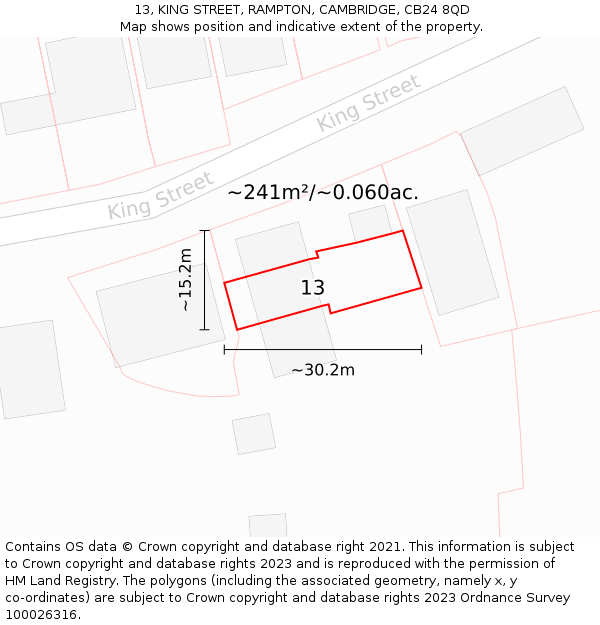 13, KING STREET, RAMPTON, CAMBRIDGE, CB24 8QD: Plot and title map