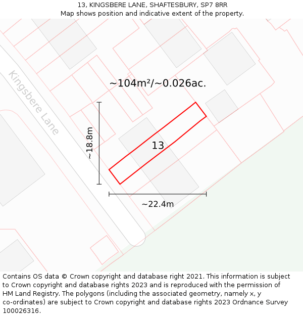 13, KINGSBERE LANE, SHAFTESBURY, SP7 8RR: Plot and title map