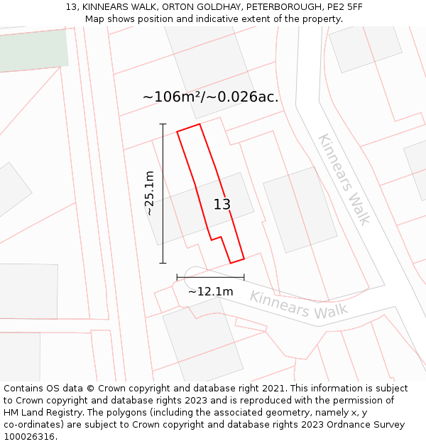 13, KINNEARS WALK, ORTON GOLDHAY, PETERBOROUGH, PE2 5FF: Plot and title map
