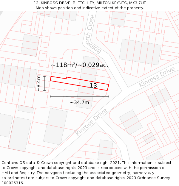 13, KINROSS DRIVE, BLETCHLEY, MILTON KEYNES, MK3 7UE: Plot and title map
