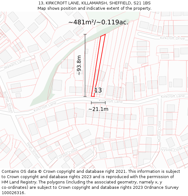 13, KIRKCROFT LANE, KILLAMARSH, SHEFFIELD, S21 1BS: Plot and title map