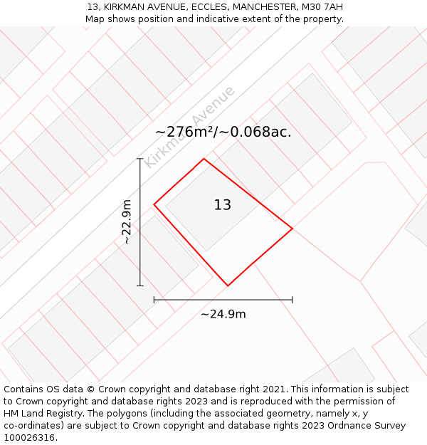 13, KIRKMAN AVENUE, ECCLES, MANCHESTER, M30 7AH: Plot and title map