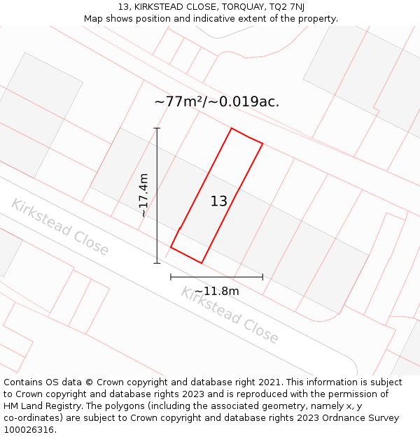 13, KIRKSTEAD CLOSE, TORQUAY, TQ2 7NJ: Plot and title map